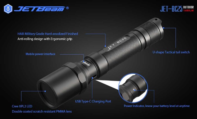 {MPower} Jetbeam BC25 USB 充電 美國名廠 CREE XPL2 1480流明 LED Flashlight 電筒 (跟原廠充電池) - 原裝行貨 {MPower} Jetbeam BC25 USB 充電 美國名廠 CREE XPL2 1480流明 LED Flashlight 電筒 (跟原廠充電池) - 原裝行貨