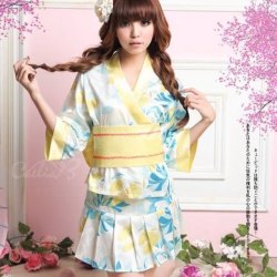 MJ001 日式彩藍碎花絲質和服 Sky Blue Floral Silk Kimono ( FREE SIZE )