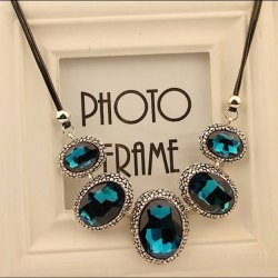 Korean style lake blue crystal  with leather necklace