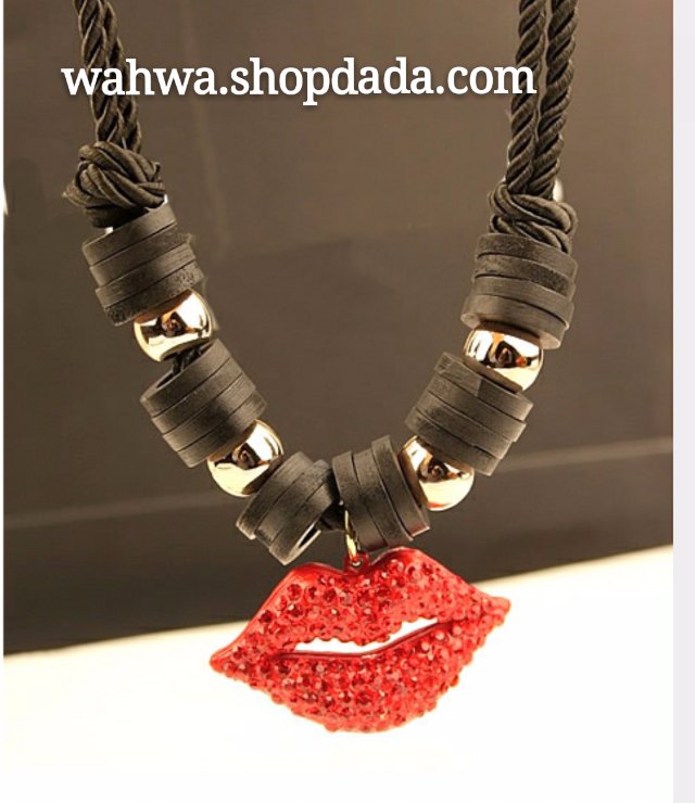 Korean style red lips with black rope necklace