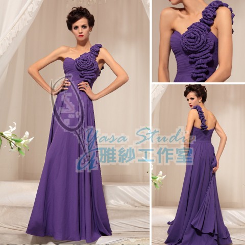 new design one shoulder ruffle flower evening gowns