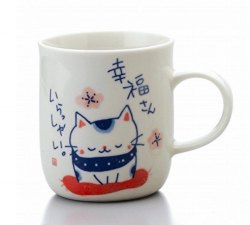 【處理品】日本製美濃燒 幸福貓圖案 陶瓷杯 手工制作 限量發售 可放入微波爐及洗碗機