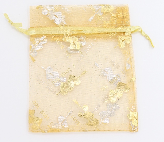 金色心串箭 I LOVE YOU 圖案歐根紗袋 (Gold Color Heart Arrow I Love You Design Organza Bag)