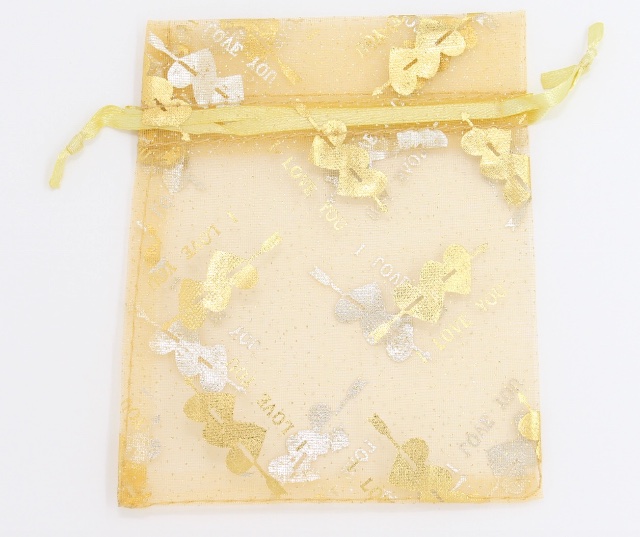 金色心串箭 I LOVE YOU 圖案歐根紗袋 (Gold Color Heart Arrow I Love You Design Organza Bag)