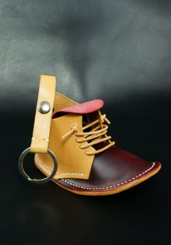 手縫皮鞋鎖匙包 ~ 酒紅+ 原色