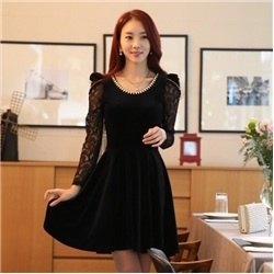 黑色  顯瘦高端韓系修身氣質金絲絨蕾絲長袖洋裝
