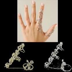 Rhinestones Knuckle Finger Chain Link joint Connected Thumb  Forefinger Silver Crystal Wedding Ring