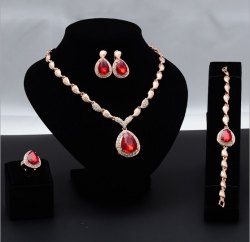 Gorgeous Vintage Bronze Style Red Gemstones Rhinestones Jewelry Set (Pendant Necklace + Earrings + Bracelet + Ring)