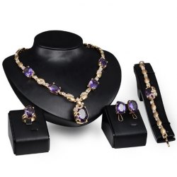 Gorgeous  Vintage Matt Golden Style Purple Gemstones Rhinestones Jewelry Gift Set (Necklace + Bracelet + Earrings + Ring