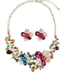 Glamorous Rainbow Colorful Flower Floral Pattern Gemstones  Rhinestones Necklace Choker Statement  (with Earrings)