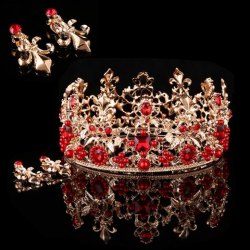 Red Gemstones  Pearl Golden Copper Vintage Baroque Style Evening Gown Queen Bride Wedding Jewerly Set (Crown + Earrings)