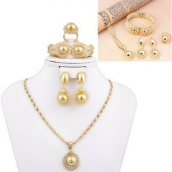 Hot! Golden Beads Crimp Pendant Chain Jewelry Sets (Necklace + Bracelet + Earrings + Ring)