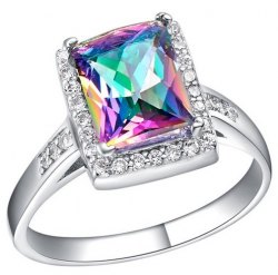方形七彩彩虹水晶人造石寶石銀戒指