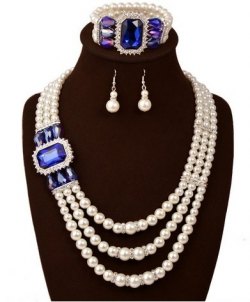 仿珍珠藍人造寶石側戴項鏈手鐲耳環套裝