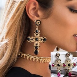 1 Pairs Baroque Style Gemstones Rhinestone Jesus Cross Dangle Chandelier Earrings