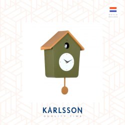 Karlsson, Wall clock L. 34.5cm Cuckoo Light plastic army green w. ochre yellow (Pendulum)