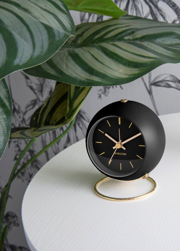 Karlsson, Alarm clock Globe black w. gold plated stand