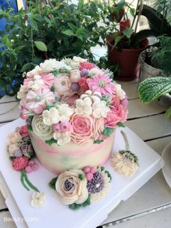豆蓉唧花蛋糕  藍精靈玫瑰花 生日蛋糕
