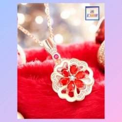 別緻典雅花形紅色水晶玫瑰金吊咀連玫瑰金頸鏈 *頸鏈可自由更換*《附送精美*紐扣絨布袋*一個 ※ 送完即止 ※》(型號：JS-N-41)【 ※長期優惠 9折, 第二件 85折, 第三件開始一律8折※ 《包順豐運費》】