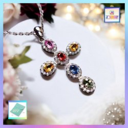 色彩燦爛彩色鋯石十字架吊咀連頸鏈 *頸鏈可自由更換*《附送精美*紐扣絨布袋*一個 ※ 送完即止 ※》(型號：JS-CRN-19)【長期優惠 9折※一次過購買兩件 85折, 一次過購買三件或以上一律8折※ 包順豐運費】