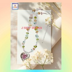 【自家設計】天然彩色碎石水晶米珠桃心鋯石頸鏈《附送精美*紐扣絨布袋*一個 ※ 送完即止 ※》(型號：JS-HDN-08)【 ※長期優惠 9折, 第二件 85折, 第三件開始一律8折※ 《包順豐運費》】
