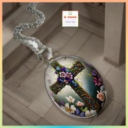 設計獨特橢圓形玻璃十字架吊咀連頸鏈 *頸鏈可自由更換* 【注意：尺寸偏大*男士較合適*】《附送精美*紐扣絨布袋*一個 ※ 送完即止 ※》(型號：JS-CRN-32)【長期優惠 9折※一次過購買兩件 85折, 一次過購買三件或以上一律8折※ 包順豐運費】