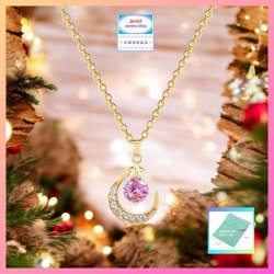 閃亮精緻滿鑽月亮粉色水晶吊咀連頸鏈  *頸鏈可自由更換*《附送精美*紐扣絨布袋*一個 ※ 送完即止 ※》(型號：JS-N-243)【長期優惠 9折※一次過購買兩件 85折, 一次過購買三件或以上一律8折※包順豐運費】