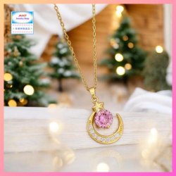 閃亮精緻滿鑽月亮粉色水晶吊咀連頸鏈  *頸鏈可自由更換*《附送精美*紐扣絨布袋*一個 ※ 送完即止 ※》(型號：JS-N-243)【長期優惠 9折※一次過購買兩件 85折, 一次過購買三件或以上一律8折※包順豐運費】