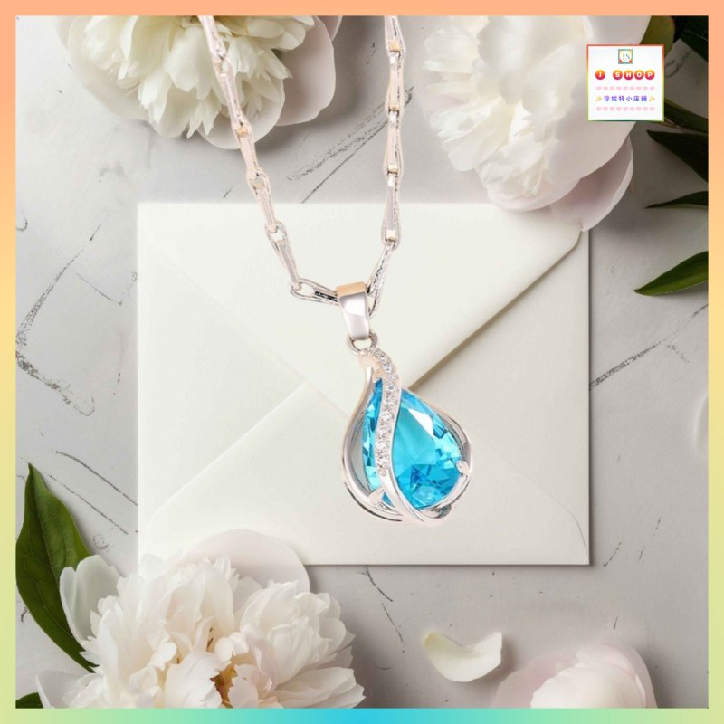 設計別緻水滴形海藍色水晶吊咀連頸鏈 *頸鏈可自由更換*《附送精美*紐扣絨布袋*一個 ※ 送完即止 ※》(型號：JS-N-190)【長期優惠 9折※一次過購買兩件 85折, 一次過購買三件或以上一律8折※ 包順豐運費】