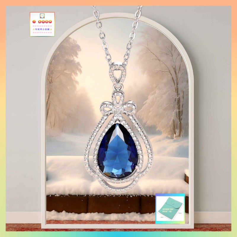 高貴優雅水滴形蝴蝶結藍水晶吊咀連頸鏈 *頸鏈可自由更換*《附送精美*紐扣絨布袋*一個 ※ 送完即止 ※》(型號：JS-N-191)【長期優惠 9折※一次過購買兩件 85折, 一次過購買三件或以上一律8折※ 包順豐運費】