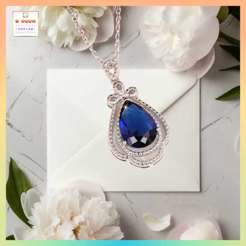 高貴優雅水滴形蝴蝶結藍水晶吊咀連頸鏈 *頸鏈可自由更換*《附送精美*紐扣絨布袋*一個 ※ 送完即止 ※》(型號：JS-N-191)【長期優惠 9折※一次過購買兩件 85折, 一次過購買三件或以上一律8折※ 包順豐運費】