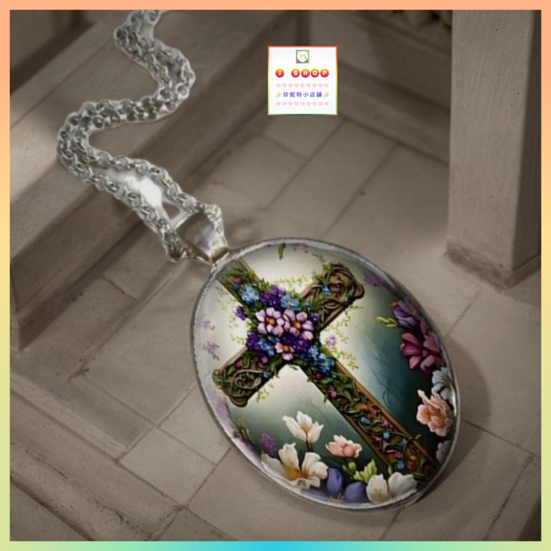 設計獨特橢圓形玻璃十字架吊咀連頸鏈 *頸鏈可自由更換* 【注意：尺寸偏大*男士較合適*】《附送精美*紐扣絨布袋*一個 ※ 送完即止 ※》(型號：JS-CRN-32)【長期優惠 9折※一次過購買兩件 85折, 一次過購買三件或以上一律8折※ 包順豐運費】