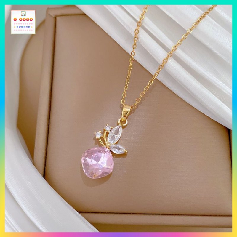 優雅別緻粉色水晶蝴蝶吊咀連頸鏈 *頸鏈可自由更換*《附送精美*紐扣絨布袋*一個 ※ 送完即止 ※》(型號：JS-N-202)【長期優惠 9折※一次過購買兩件 85折, 一次過購買三件或以上一律8折※ 包順豐運費】