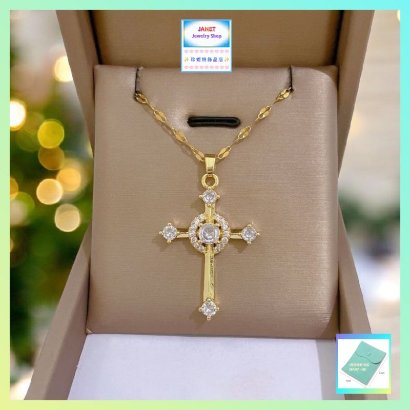 設計簡約閃亮耀眼白色鋯石十字吊咀連頸鏈 *頸鏈可自由更換*《附送精美*紐扣絨布袋*一個 ※ 送完即止 ※》(型號：JS-CRN-33)【長期優惠 9折※一次過購買兩件 85折, 一次過購買三件或以上一律8折※ 包順豐運費】