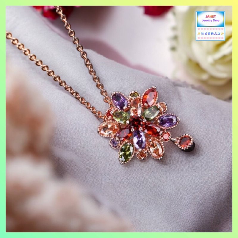 高貴雅緻彩色花形水晶玫瑰金吊咀連玫瑰金頸鏈 *頸鏈可自由更換*《附送精美*紐扣絨布袋*一個 ※ 送完即止 ※》(型號：JS-N-212)【長期優惠 9折※一次過購買兩件 85折, 一次過購買三件或以上一律8折※包順豐運費】