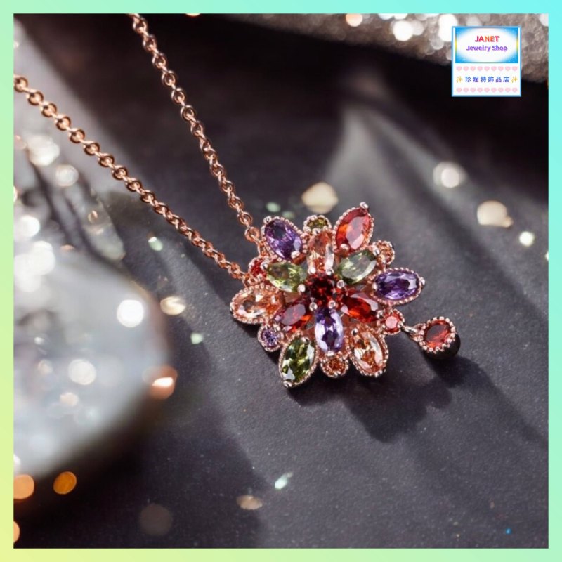 高貴雅緻彩色花形水晶玫瑰金吊咀連玫瑰金頸鏈 *頸鏈可自由更換*《附送精美*紐扣絨布袋*一個 ※ 送完即止 ※》(型號：JS-N-212)【長期優惠 9折※一次過購買兩件 85折, 一次過購買三件或以上一律8折※包順豐運費】