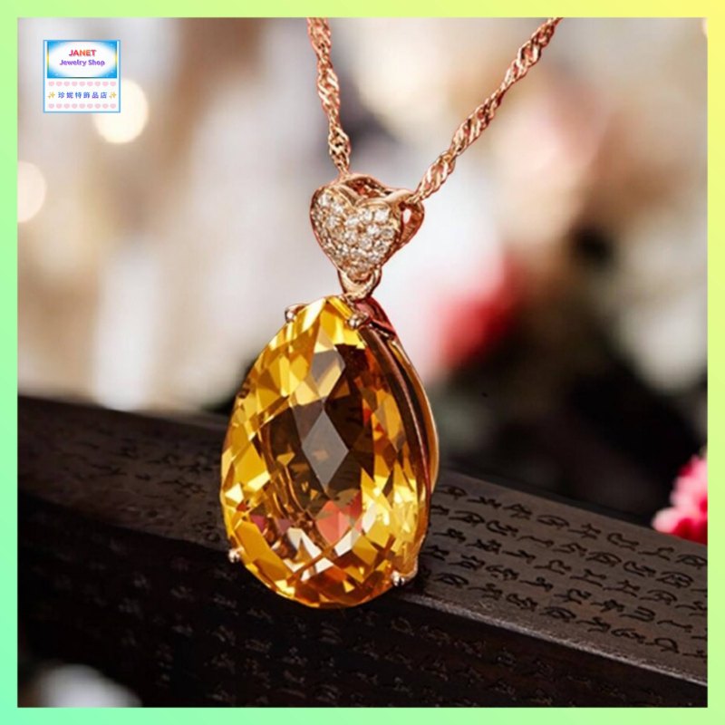 晶瑩剔透閃亮耀眼黃水晶玫瑰金吊咀連玫瑰金頸鏈 *頸鏈可自由更換*《附送精美*紐扣絨布袋*一個 ※ 送完即止 ※》(型號：JS-N-214)【長期優惠 9折※一次過購買兩件 85折, 一次過購買三件或以上一律8折※包順豐運費】