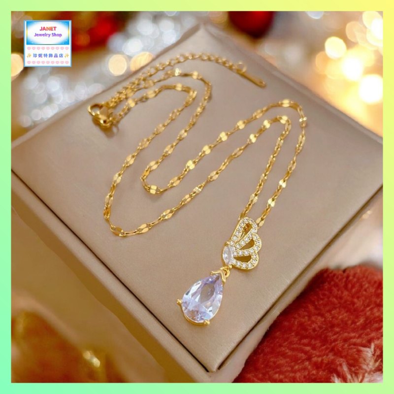 優雅閃亮蝴蝶水滴形白水晶吊咀連頸鏈 *頸鏈可自由更換*《附送精美*紐扣絨布袋*一個 ※ 送完即止 ※》(型號：JS-N-219)【長期優惠 9折※一次過購買兩件 85折, 一次過購買三件或以上一律8折※包順豐運費】