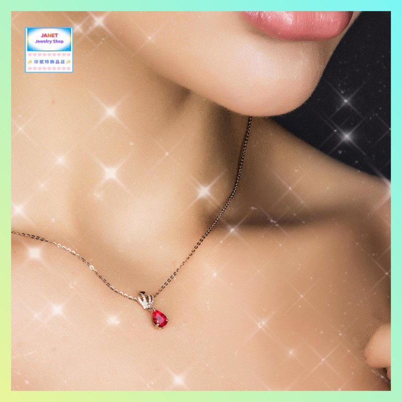 小巧精緻晶瑩剔皇冠小滴形紅水晶頸鏈《附送精美*紐扣絨布袋*一個 ※ 送完即止 ※》(型號：JS-N-224)【長期優惠 9折※一次過購買兩件 85折, 一次過購買三件或以上一律8折※包順豐運費】