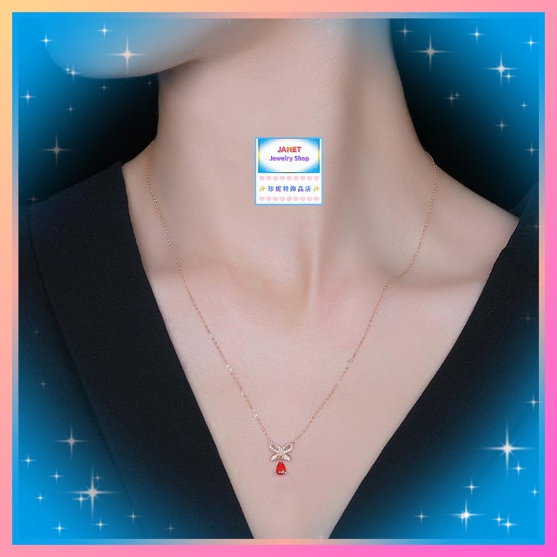 高貴優雅小巧精緻蝴蝶結水滴形紅水晶頸鏈《附送精美*紐扣絨布袋*一個 ※ 送完即止 ※》(型號：JS-N-239)【長期優惠 9折※一次過購買兩件 85折, 一次過購買三件或以上一律8折※包順豐運費】