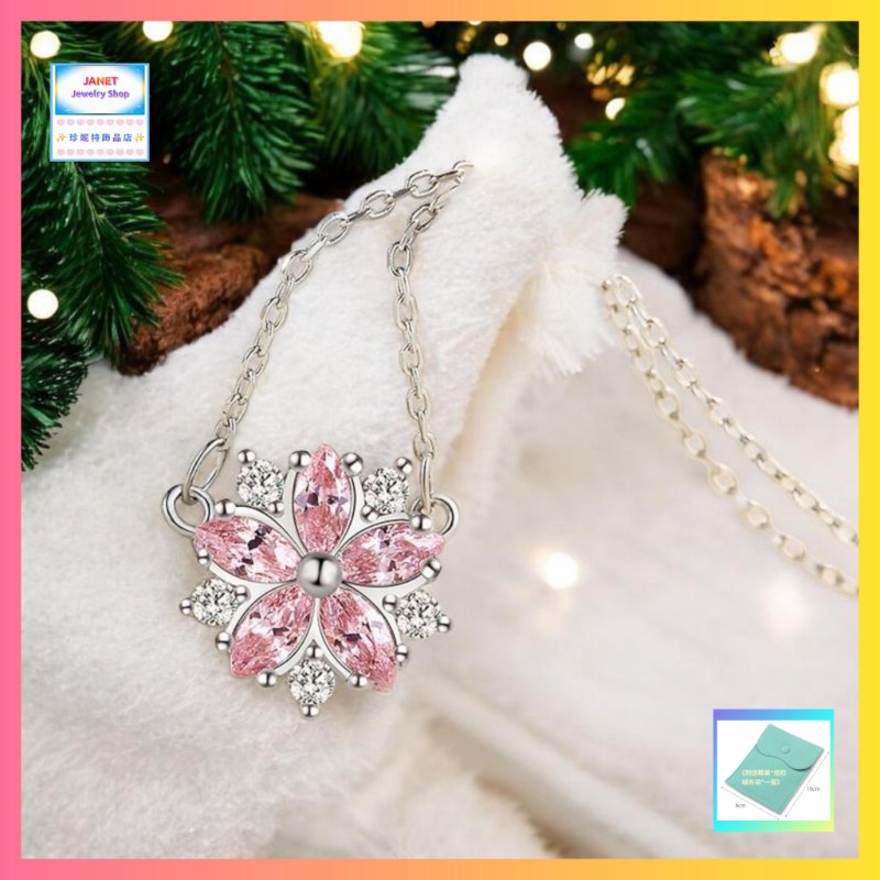 優雅小巧粉色五瓣小花鋯石頸鏈《附送精美*紐扣絨布袋*一個 ※ 送完即止 ※》(型號：JS-N-240)【長期優惠 9折※一次過購買兩件 85折, 一次過購買三件或以上一律8折※包順豐運費】