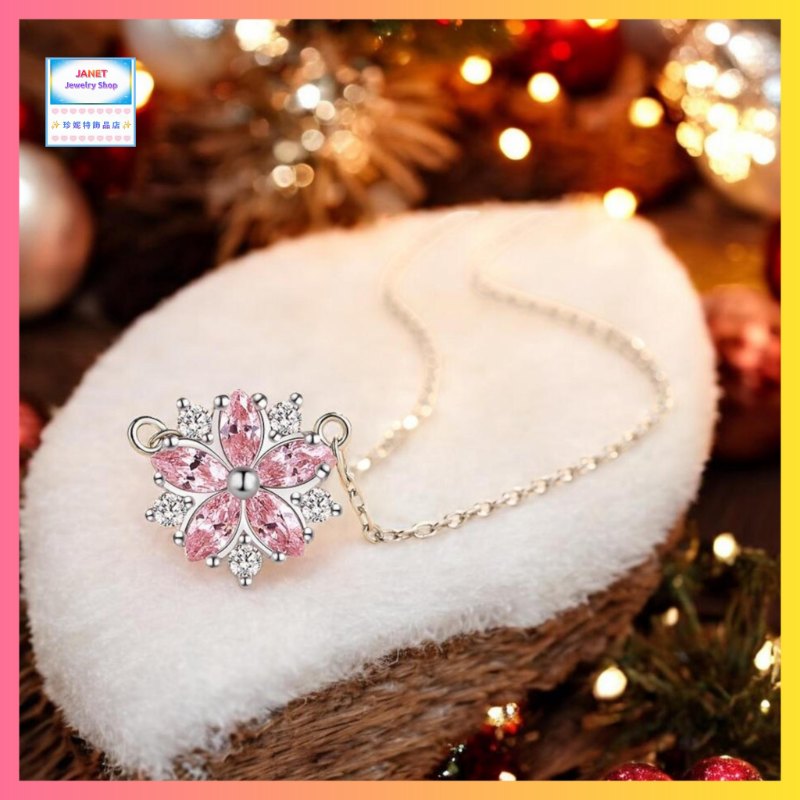 優雅小巧粉色五瓣小花鋯石頸鏈《附送精美*紐扣絨布袋*一個 ※ 送完即止 ※》(型號：JS-N-240)【長期優惠 9折※一次過購買兩件 85折, 一次過購買三件或以上一律8折※包順豐運費】