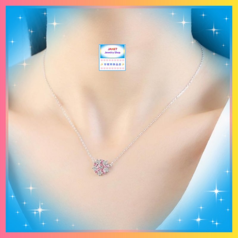 優雅小巧粉色五瓣小花鋯石頸鏈《附送精美*紐扣絨布袋*一個 ※ 送完即止 ※》(型號：JS-N-240)【長期優惠 9折※一次過購買兩件 85折, 一次過購買三件或以上一律8折※包順豐運費】