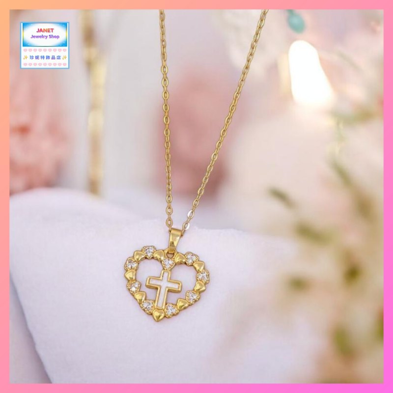 簡約精緻心形鋯石十字架頸鏈《附送精美*紐扣絨布袋*一個 ※ 送完即止 ※》(型號：JS-CRN-35)【長期優惠 9折※一次過購買兩件 85折, 一次過購買三件或以上一律8折※ 包順豐運費】