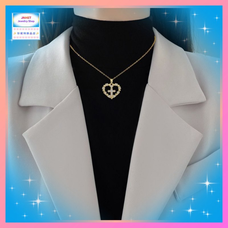 簡約精緻心形鋯石十字架頸鏈《附送精美*紐扣絨布袋*一個 ※ 送完即止 ※》(型號：JS-CRN-35)【長期優惠 9折※一次過購買兩件 85折, 一次過購買三件或以上一律8折※ 包順豐運費】