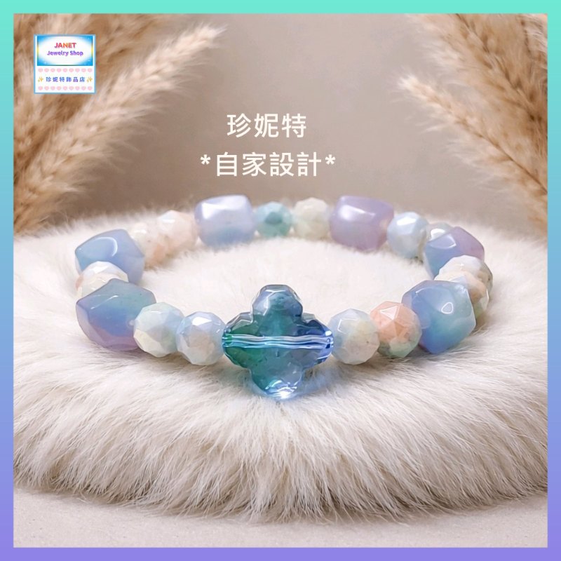 【自家設計】設計簡約別緻瓷晶玻璃珠貓眼琉璃四葉草手串《附送精美*紐扣絨布袋*一個 ※ 送完即止 ※》(型號：JS-HDB-37【 ※長期優惠 9折, 第二件 85折, 第三件開始一律8折※《包順豐運費》】