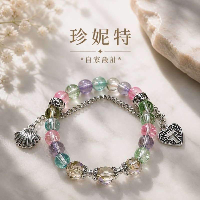 【珍妮特】自家設計｜爆花玻璃貝縠十字架手鏈 JS-HDB-54