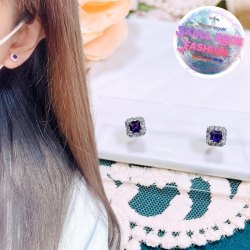 紫水晶鑲嵌方形925銀針耳環