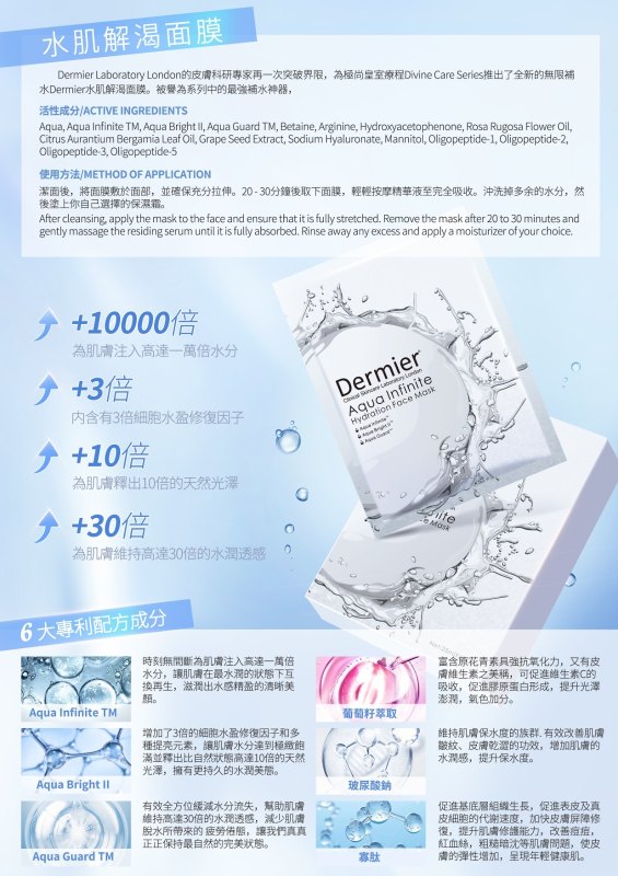 英國 Dermier 水肌解渴面膜 Aqua Infinite Hydration Face  一盒 6片
