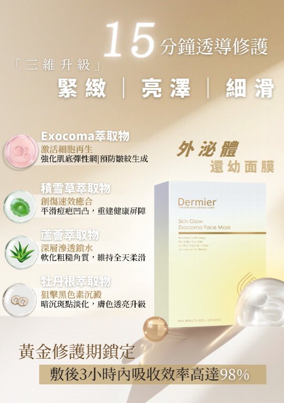 Dermier Skin Glow Exocoma Face Mask 外泌體還幼面膜 盒/6pcs Dermier Skin Glow Exocoma Face Mask 外泌體還幼面膜 盒/6pcs